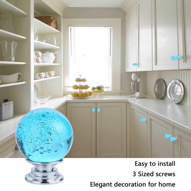 IEIK10 PCS Crystal Cabinet Knobs Azure Blue Round Glass Bubbles Knobs Smooth Drawer Pulls Handle for Home, Cabinet, Drawer and Dresser with 3 Different Size Screws, 30MM (Aqua Blue) - Image 2